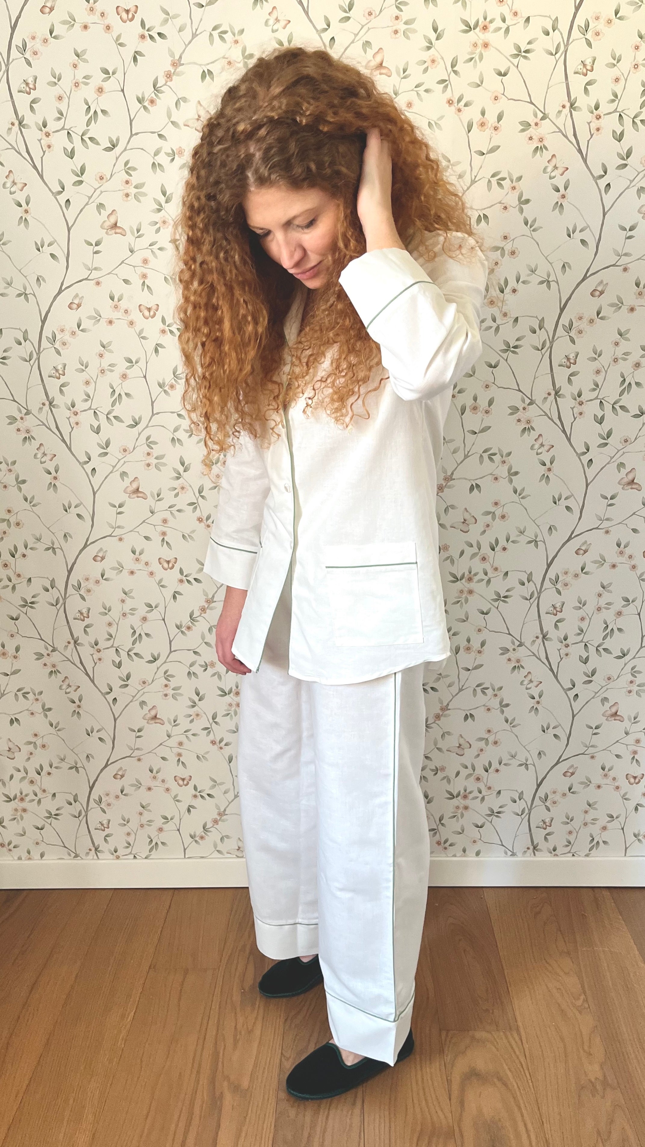 Pantalone LINO BIANCO BORDI VERDI