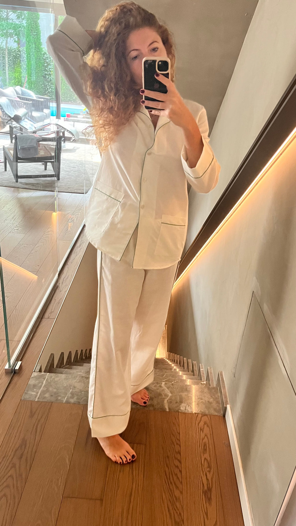 Pantalone LINO BIANCO BORDI VERDI