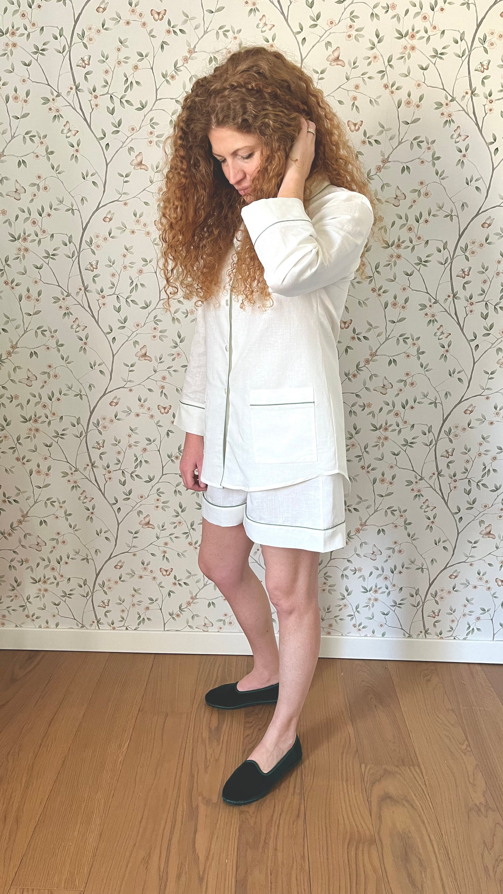 Pigiama donna corto LINO BIANCO BORDI SALVIA