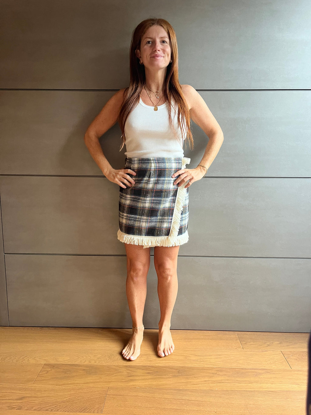 Mini Gonna Frangia - Check marrone e bianco